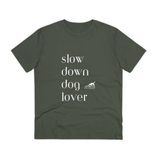 Afbeelding in Gallery-weergave laden, &#39;SLOW wear&#39; &#39;slow down dog lover&#39; Organic fan T-shirt - Unisex
